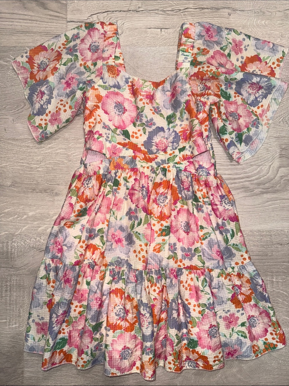 Floral Sleeved Kids Dress - Pink & Orange Size 7